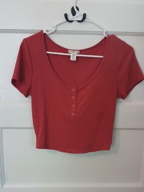 No Boundaries Rust-Red Scoop Neck Henley Crop Top